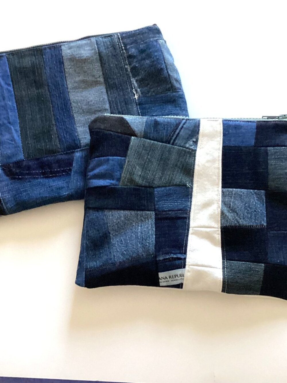 2 Handmade Denim Patchwork Zipper Pouches Upcycled Jeans Storage Make-up Bag